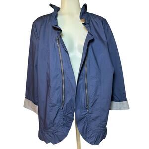 Chicos Jacket Women’s Size 3 US XL Navy Blue Open Front Ruffle Zip Pockets